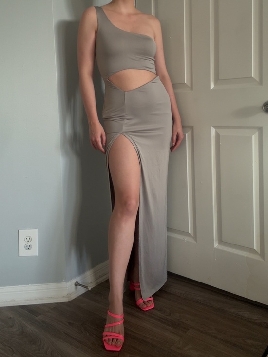 superdown Dresses & Skirts - superdown Taupe Asymmetrical Cutout Satin Maxi Dress